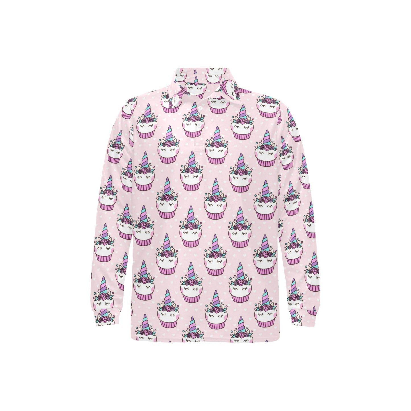 Cupcakes Unicorn Print Pattern Long Sleeve Polo Shirt For Men's