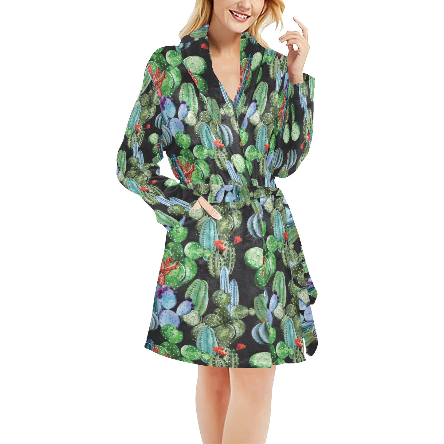 Cactus Watercolor Style Print Women's Fleece Robe