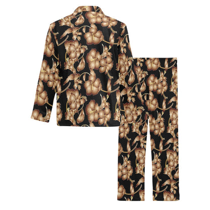 Brown Hibiscus Pattern Print Design HB06 Men's Long Pajama Set