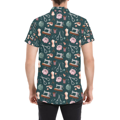Sewing Equipment Print Design LKS307 Men Short Sleeve Button Up Shirt