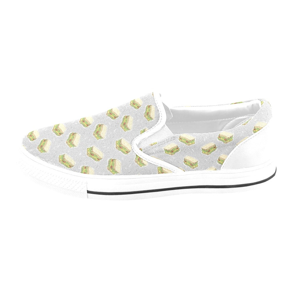 Sandwich Print Design LKS304 White Slip Ons Canvas Women's Shoes