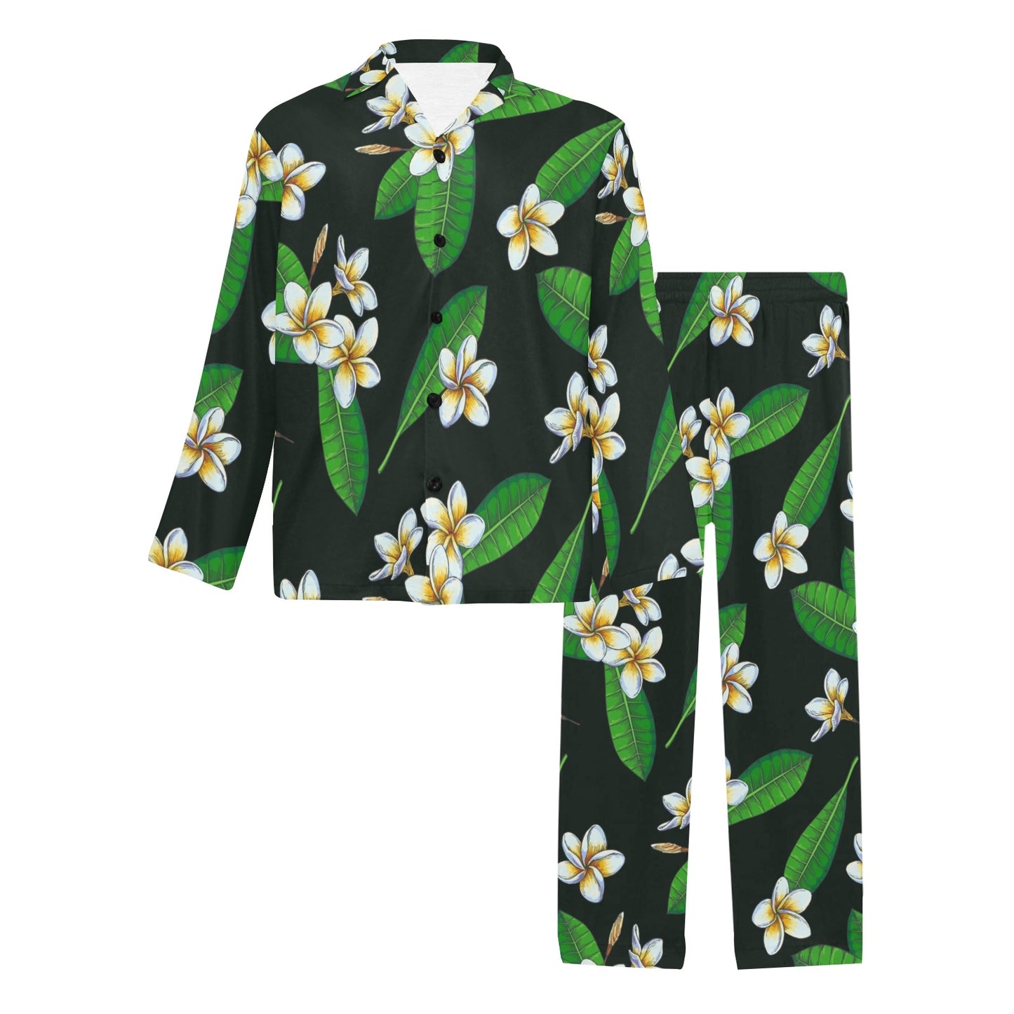 White Plumeria Pattern Print Design PM023 Men's Long Pajama Set