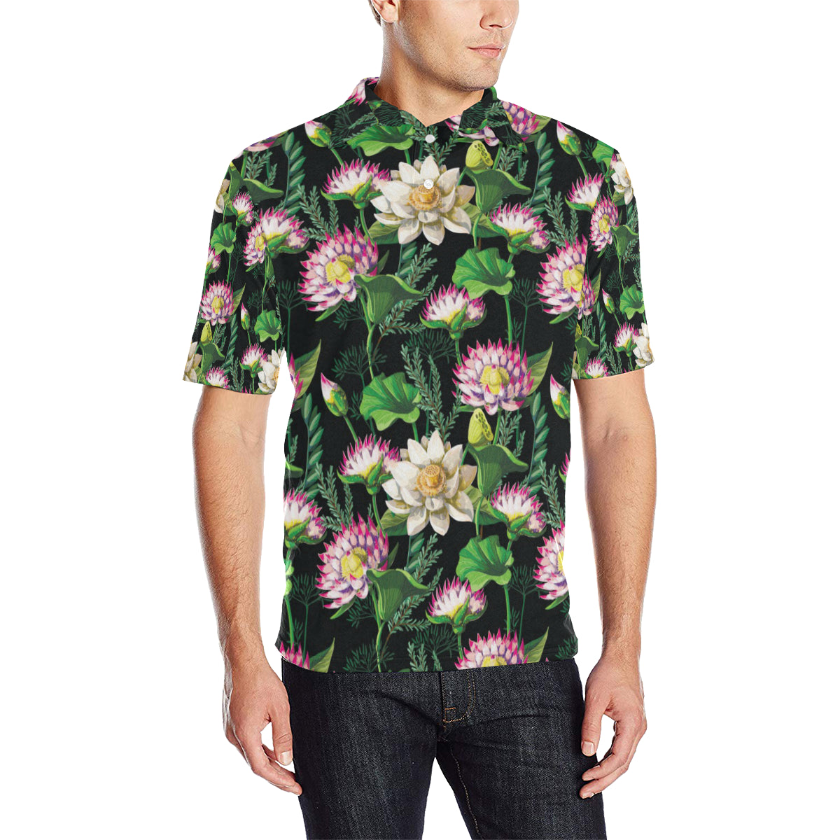 Water Lily Pattern Print Design WL010 Men Polo Shirt
