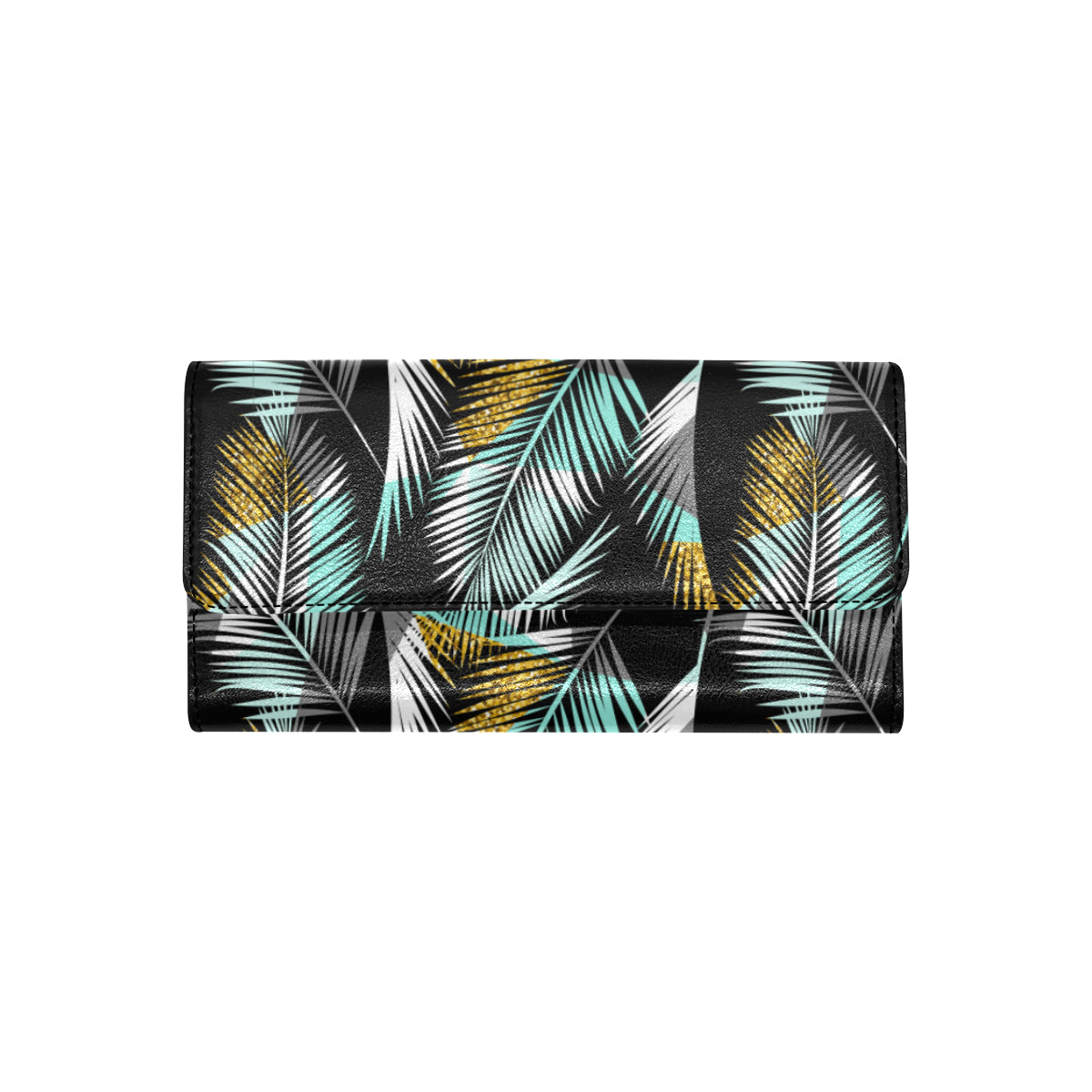Gold Glitter Cyan Tropical Palm Leaves Women's Trifold Wallet
