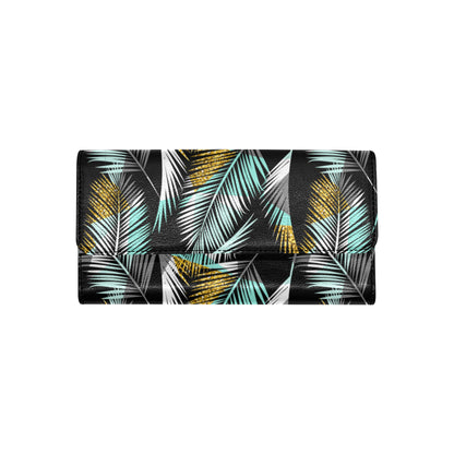 Gold Glitter Cyan Tropical Palm Leaves Women's Trifold Wallet
