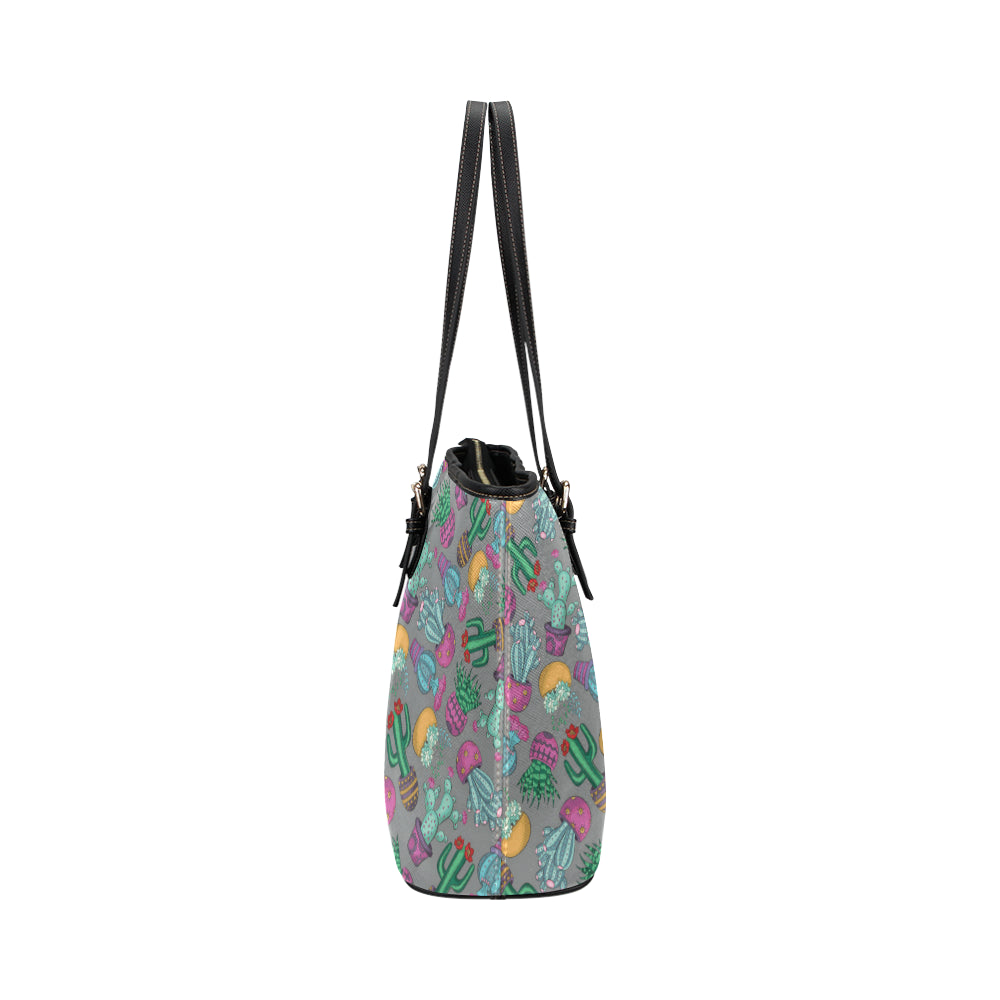 Cactus Colorful Print Pattern Leather Tote Bag