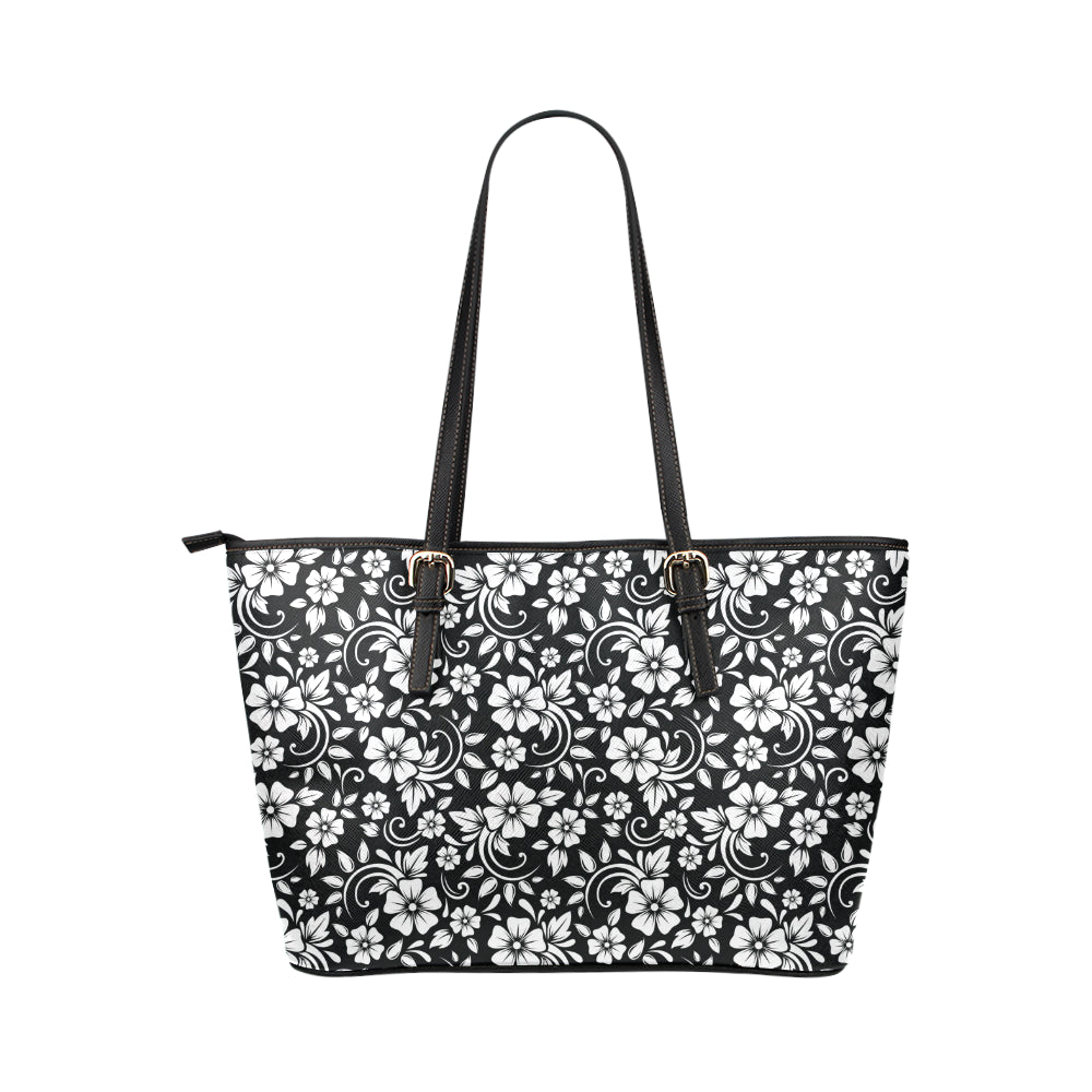 Floral Black White Themed Print Leather Tote Bag