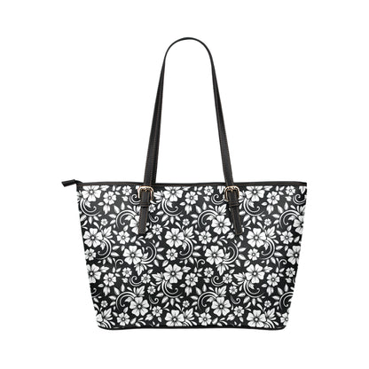 Floral Black White Themed Print Leather Tote Bag