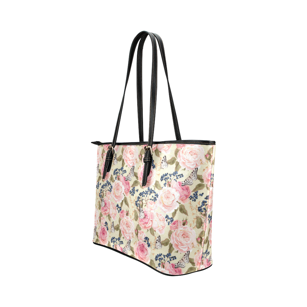Floral Pink Butterfly Print Leather Tote Bag