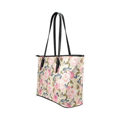 Floral Pink Butterfly Print Leather Tote Bag