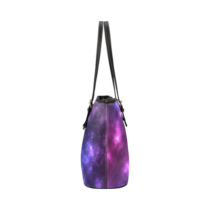 Celestial Purple Blue Galaxy Leather Tote Bag