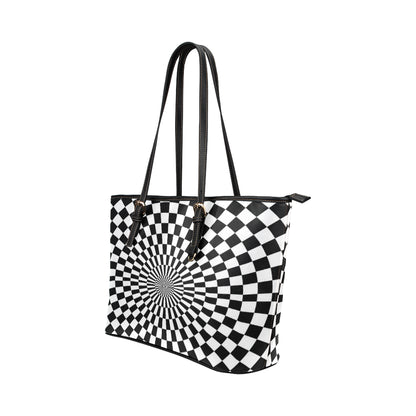 Checkered Flag Optical illusion Leather Tote Bag