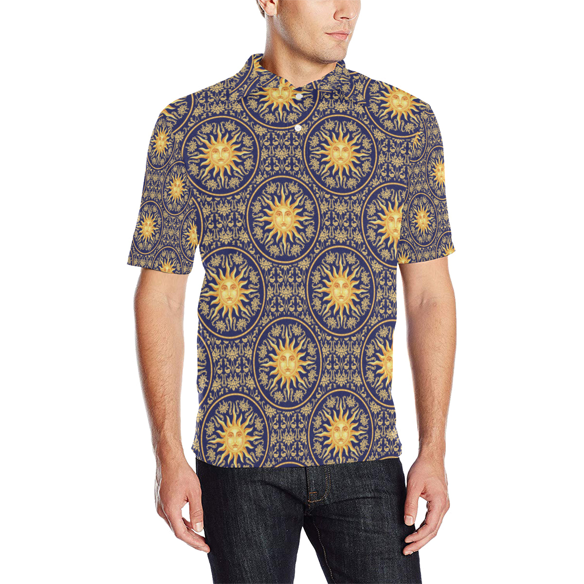 Celestial Gold Sun Face Men Polo Shirt