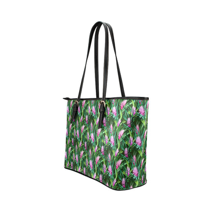 Tropical Folower Pink Heliconia Print Leather Tote Bag