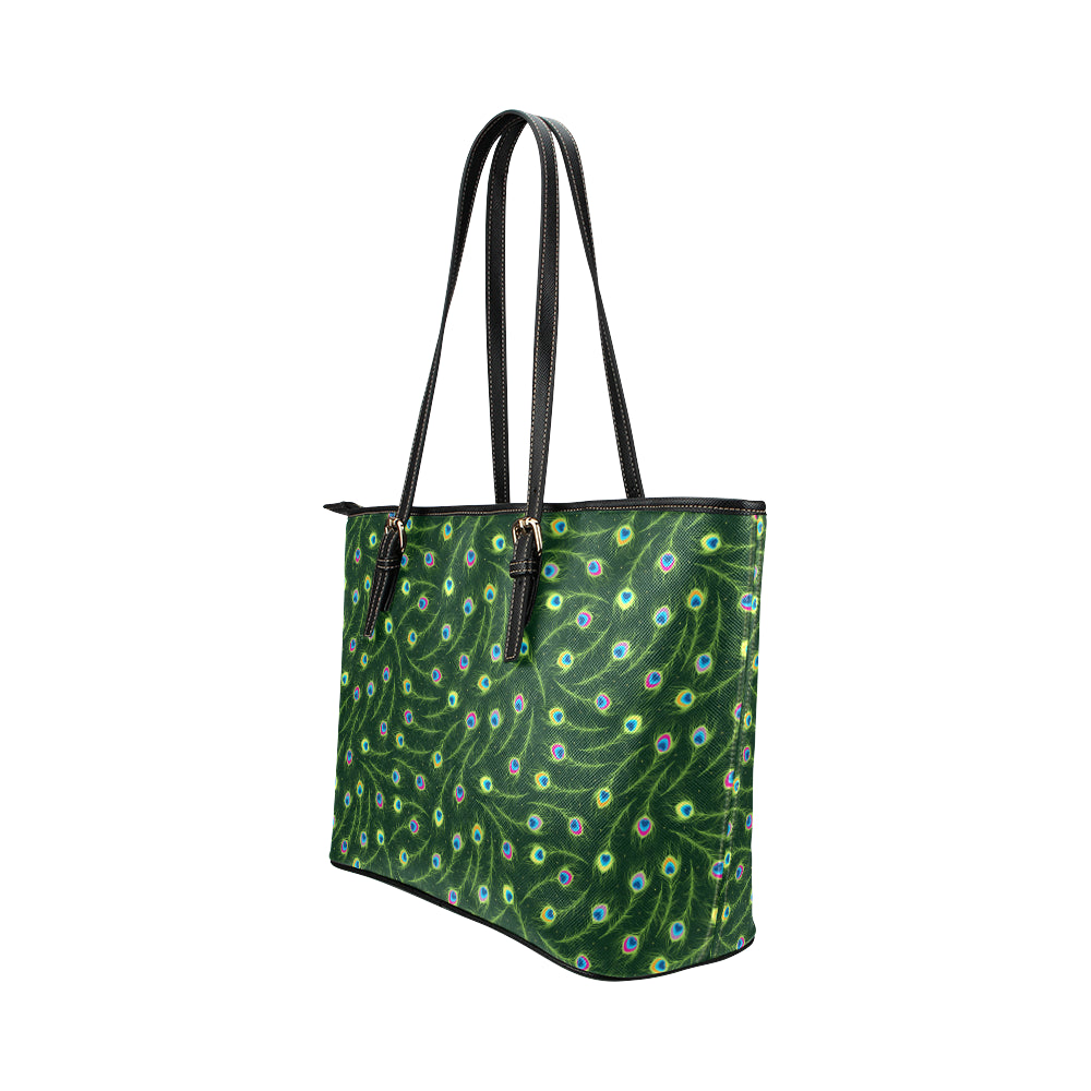 Peacock Feather Green Design Print Leather Tote Bag
