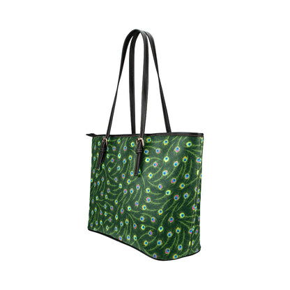 Peacock Feather Green Design Print Leather Tote Bag