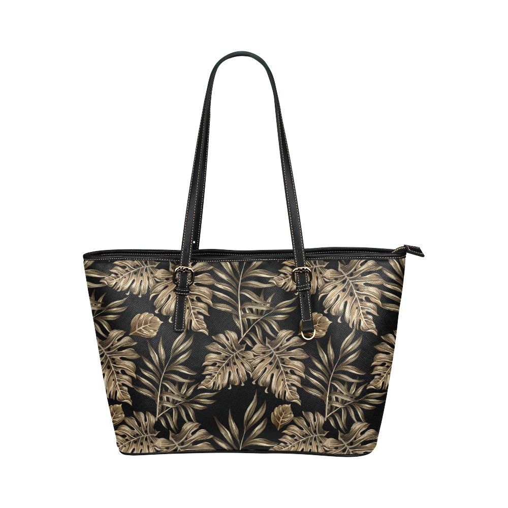 Brown Tropical Palm Leaves Leather Tote Bag