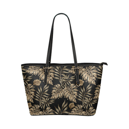 Brown Tropical Palm Leaves Leather Tote Bag