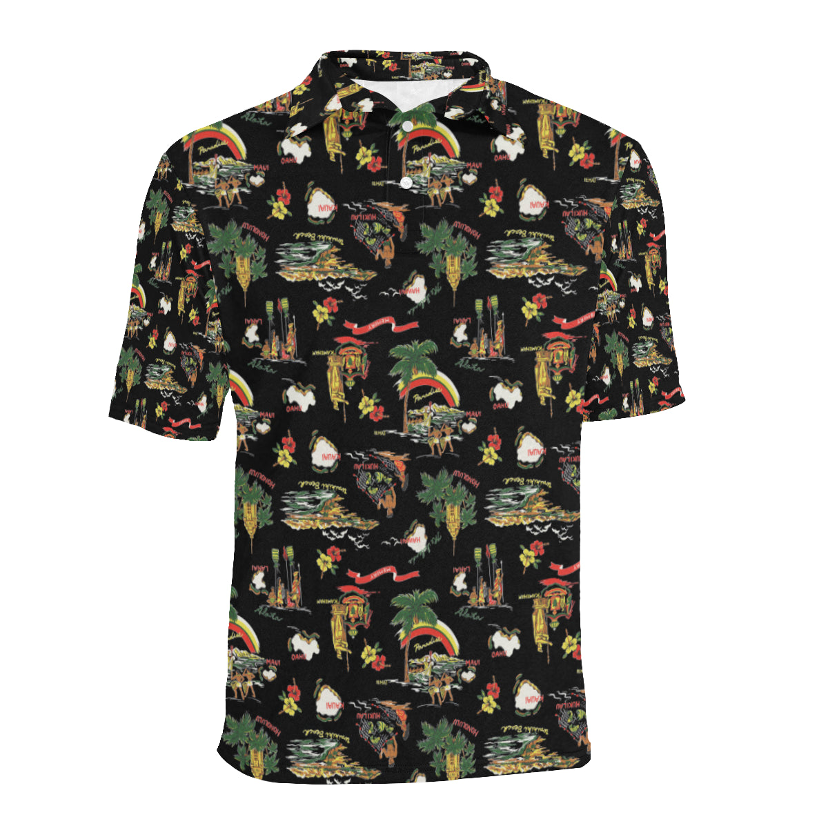 Hawaiian Island Themed Print Men Polo Shirt