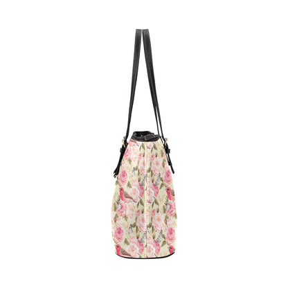 Bird Butterfly Pink Flower Print Pattern Leather Tote Bag