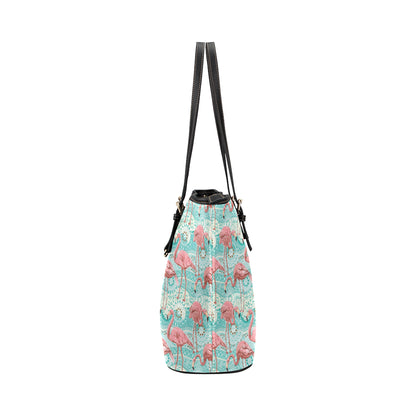 Flamingo Background Themed Print Leather Tote Bag