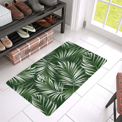 White Green Tropical Palm Leaves Rubber Doormat