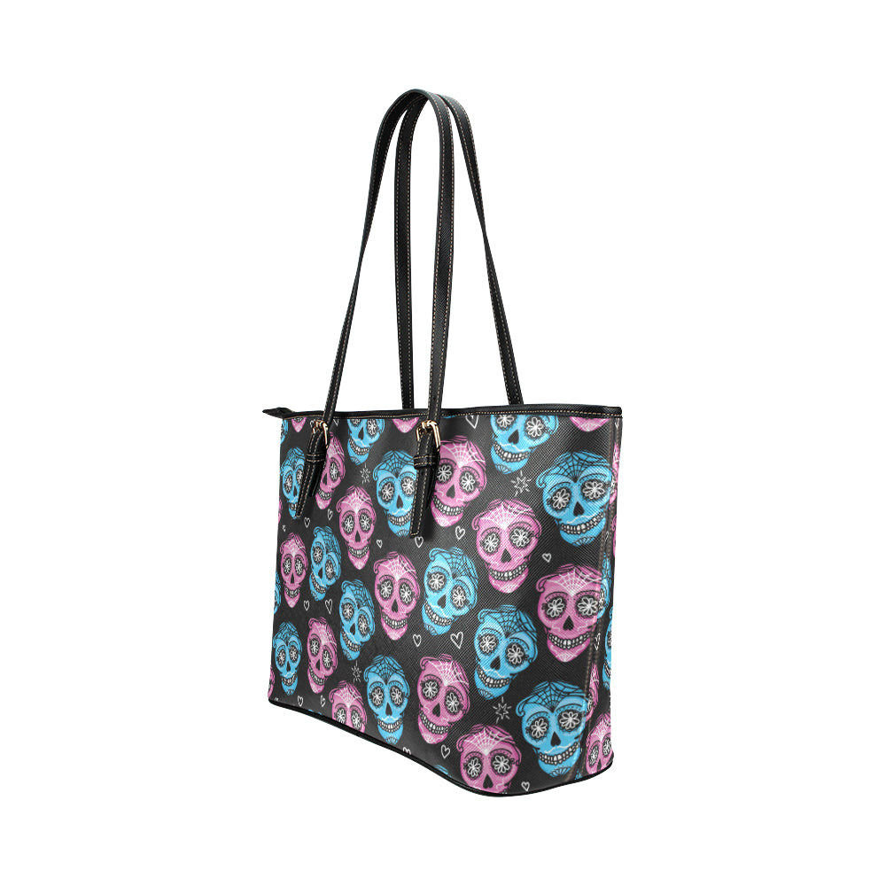 Day of the Dead Skull Print Pattern Leather Tote Bag