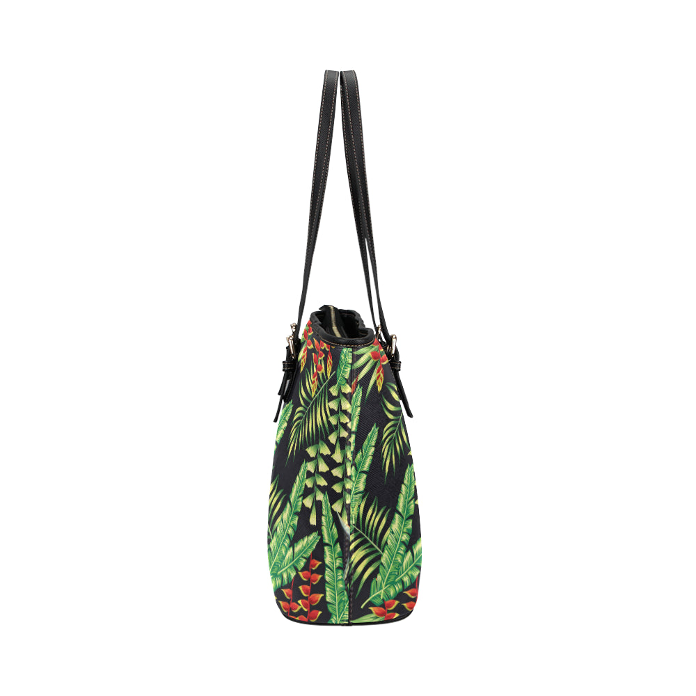 Hawaiian Flower Tropical Palm Leaves Leather Tote Bag