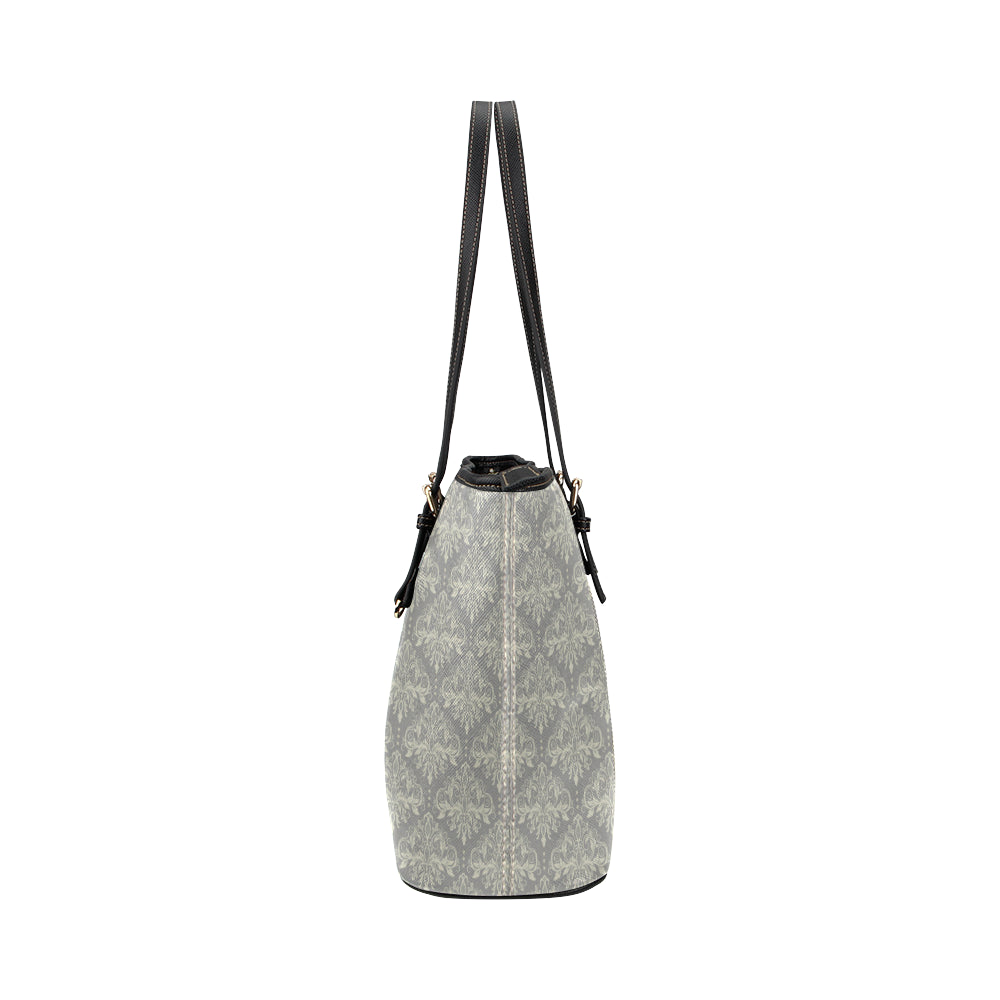 Damask Grey Elegant Print Pattern Leather Tote Bag