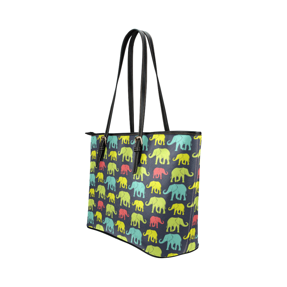 Elephant Neon Color Print Pattern Leather Tote Bag