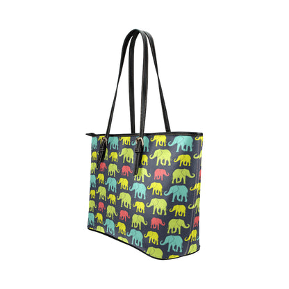 Elephant Neon Color Print Pattern Leather Tote Bag