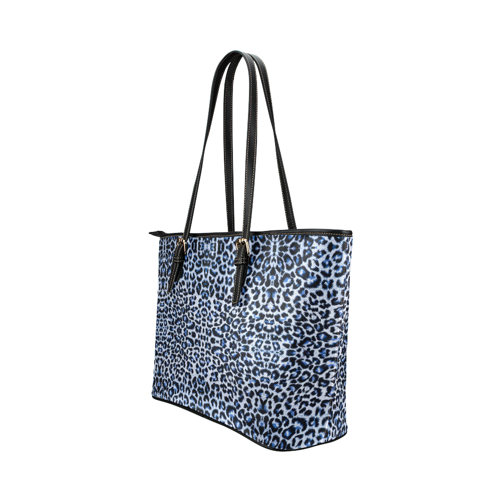 Leopard Blue Skin Print Leather Tote Bag