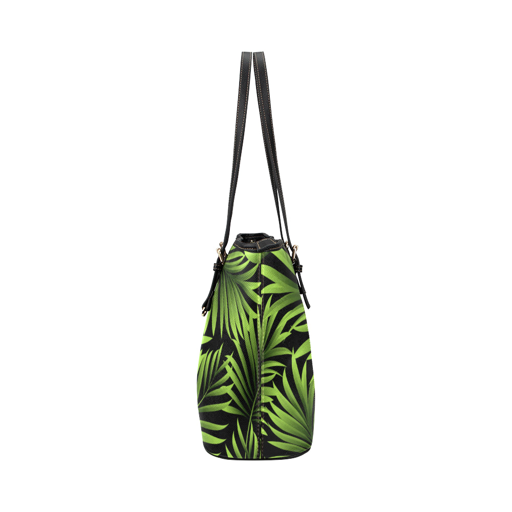 Green Neon Tropical Palm Leaves Leather Tote Bag