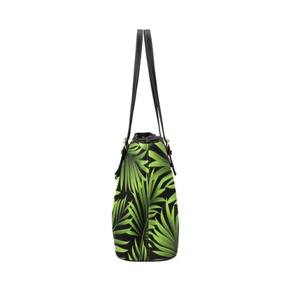 Green Neon Tropical Palm Leaves Leather Tote Bag