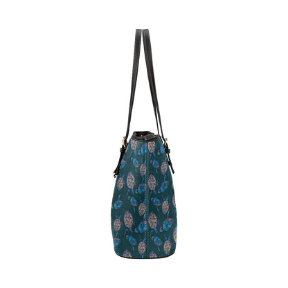 Sea Turtle Hand Drawn Blue Print Leather Tote Bag