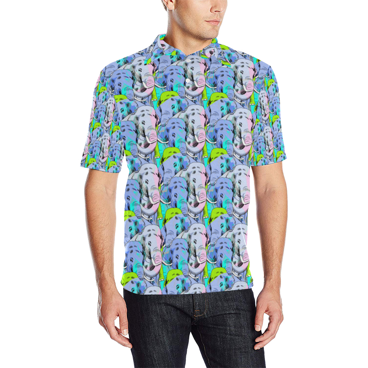 Elephant Art color Print Pattern Men Polo Shirt