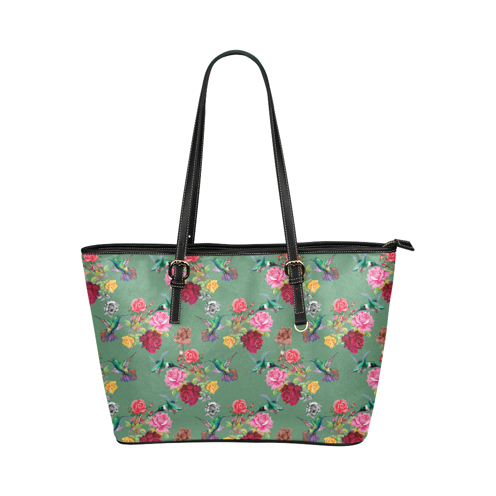 Hummingbird with Rose Themed Print Leather Tote Bag