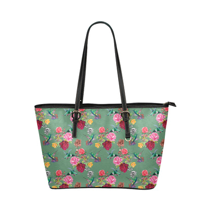 Hummingbird with Rose Themed Print Leather Tote Bag