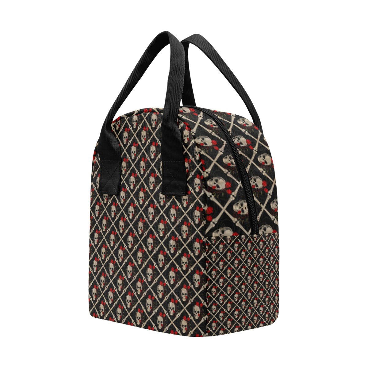 Skull Roses Bone Design Themed Print Insulated Lunch Bag