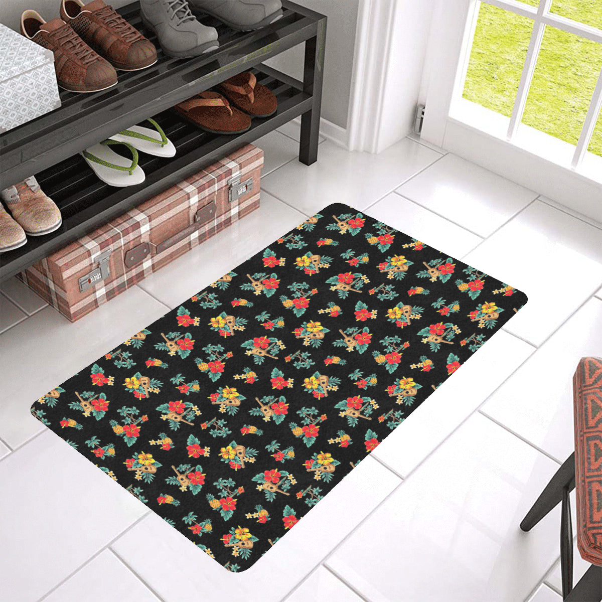 Hawaiian Flower Themed Print Rubber Doormat