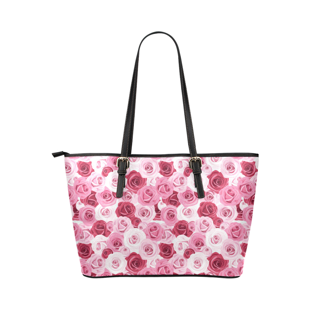 Pink Red Rose Pattern Print Leather Tote Bag