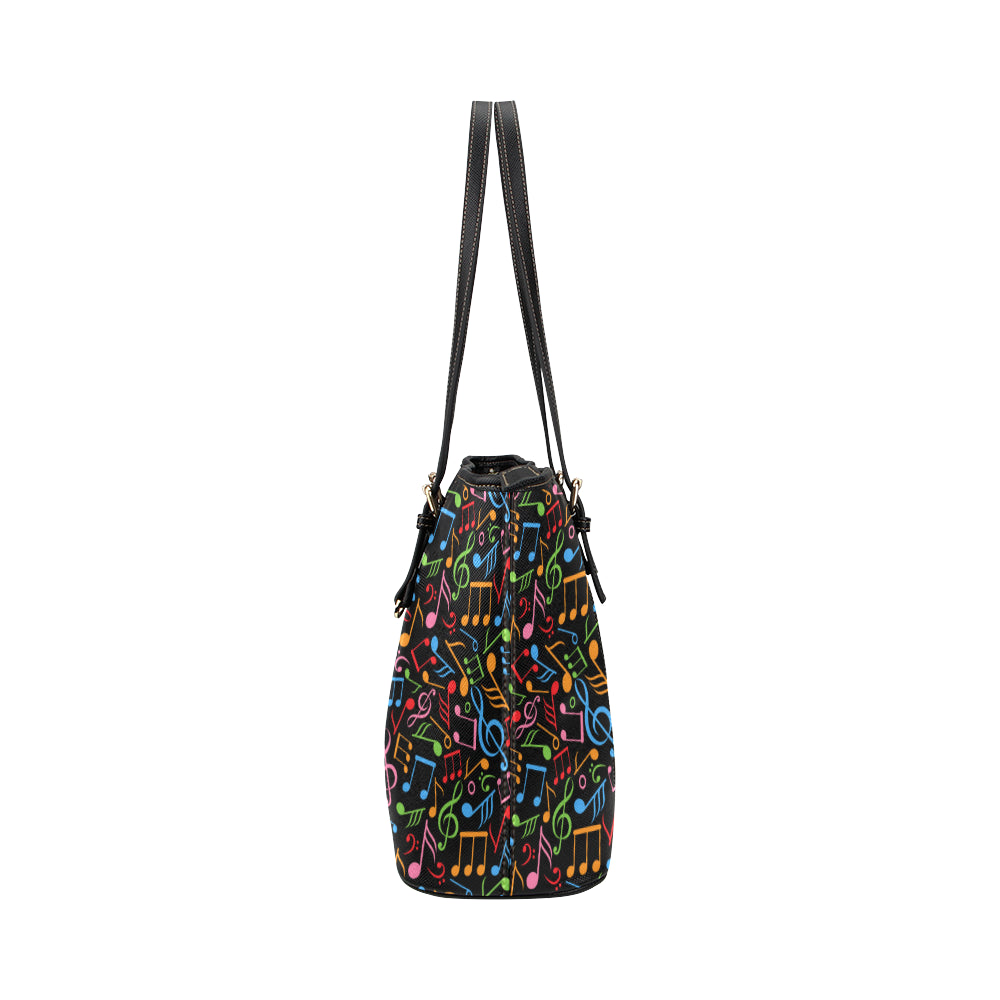 Music Note Colorful Themed Print Leather Tote Bag