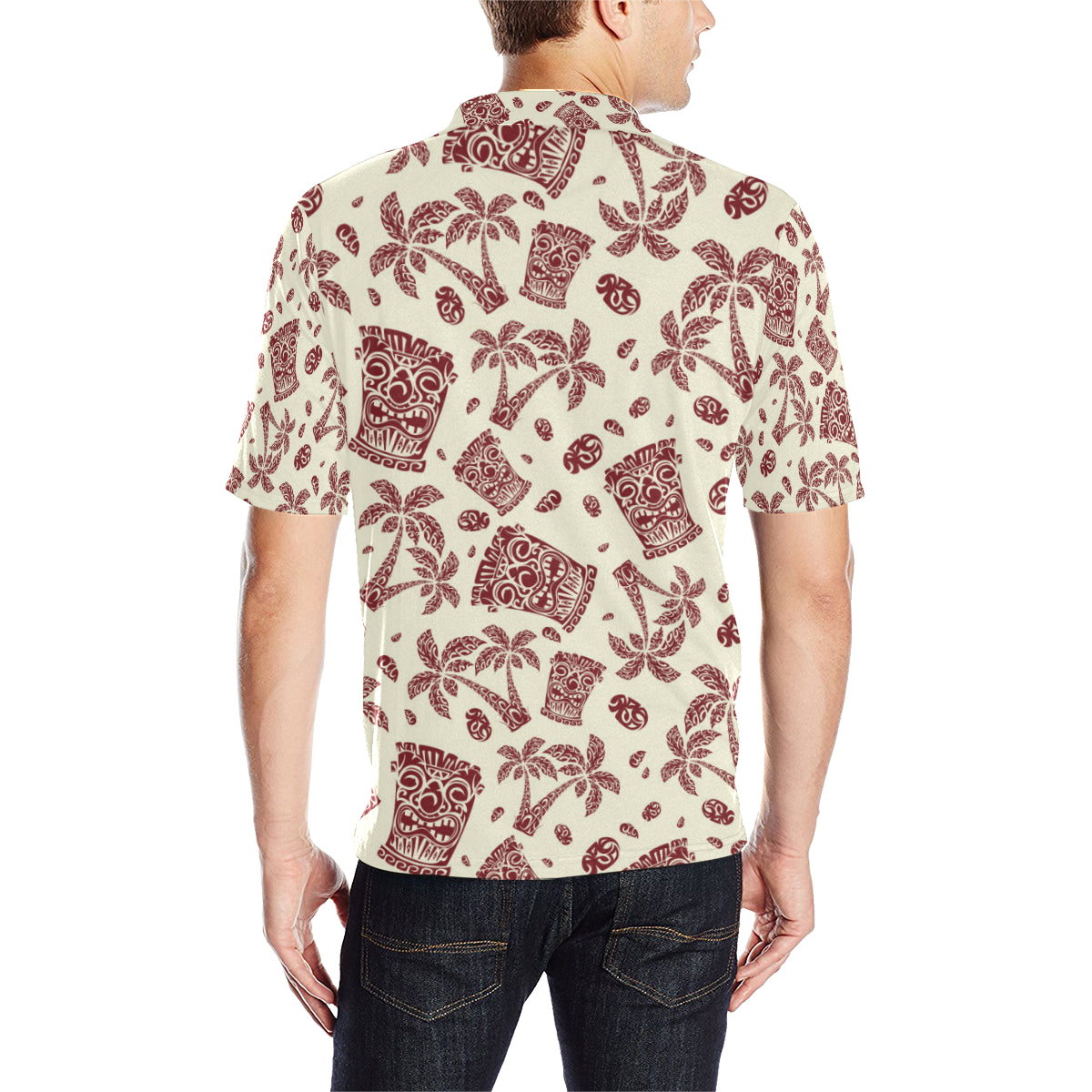 Tiki Tribal Mask Palm Tree Men Polo Shirt