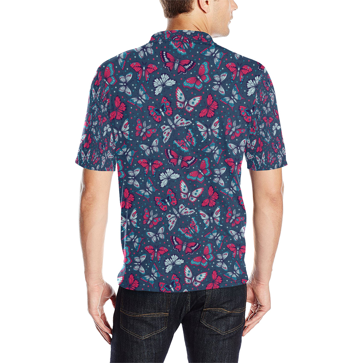 Butterfly Red Deep Blue Print Pattern Men Polo Shirt