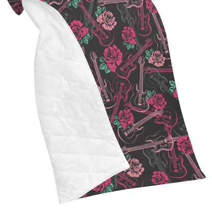 Bass Guitar Pink Rose Pattern Print Design 01 Premium Quilt