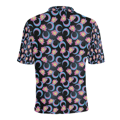 Lotus with Moon Pink Print Themed Men Polo Shirt