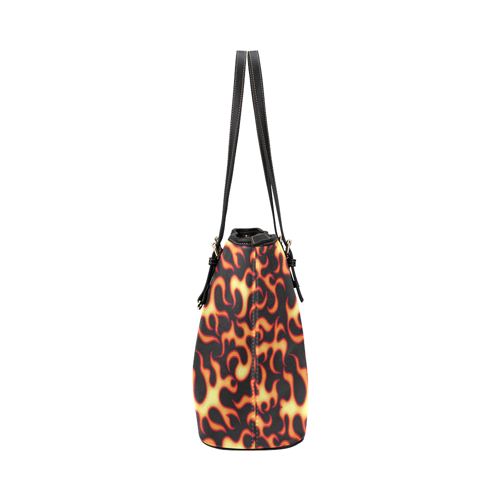 Flame Fire Themed Print Leather Tote Bag