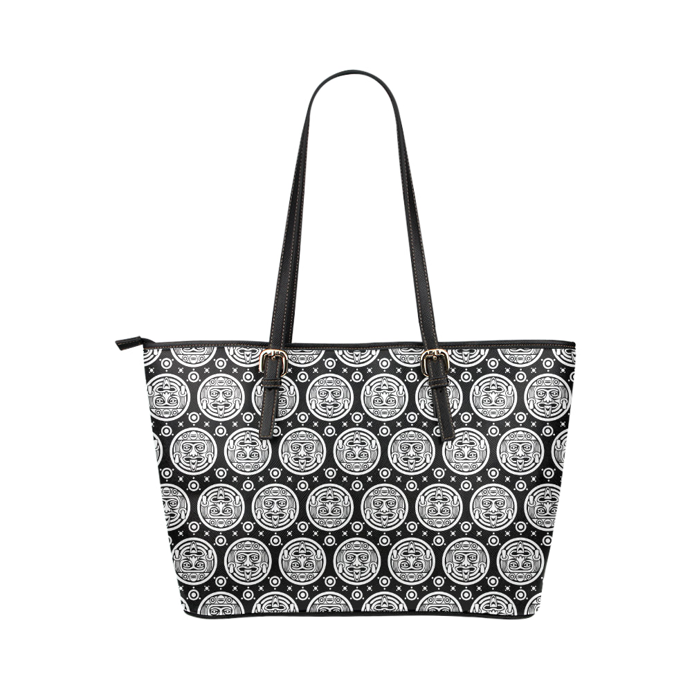 Calendar Aztec White Black Print Pattern Leather Tote Bag