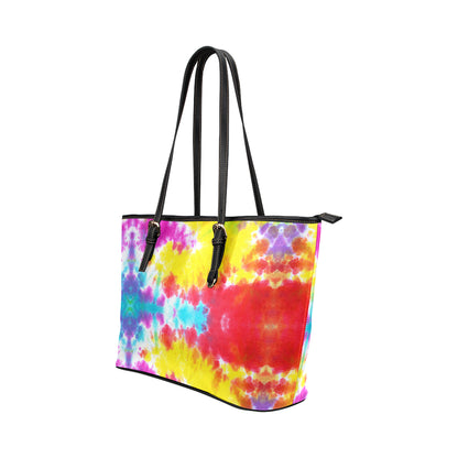 Tie Dye Rainbow Themed Print Leather Tote Bag