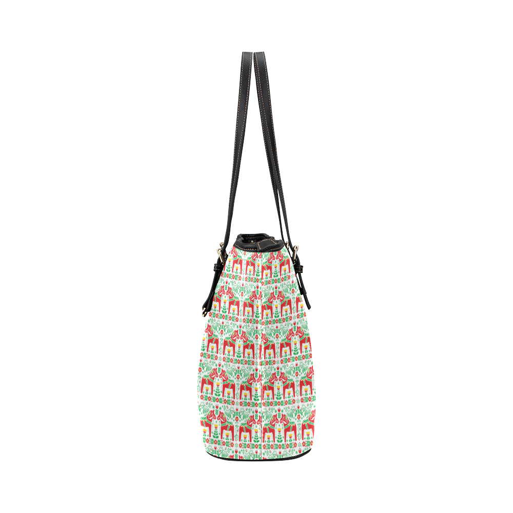 Swedish Dala Style Pattern Leather Tote Bag